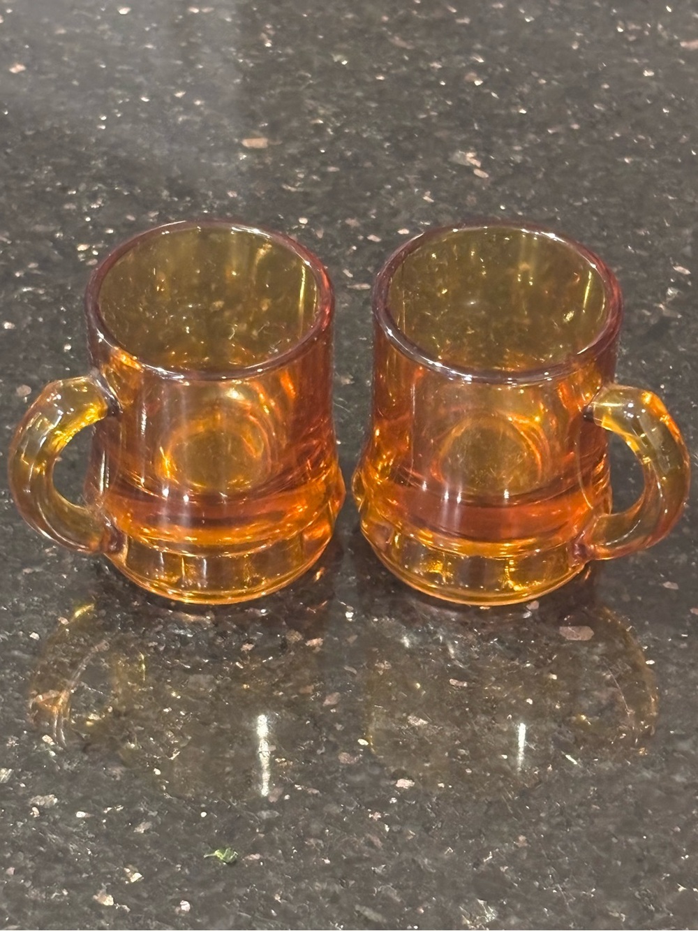 Vintage Amber & Green Mini Barrel Mug Shot Glasses, Lot of 2